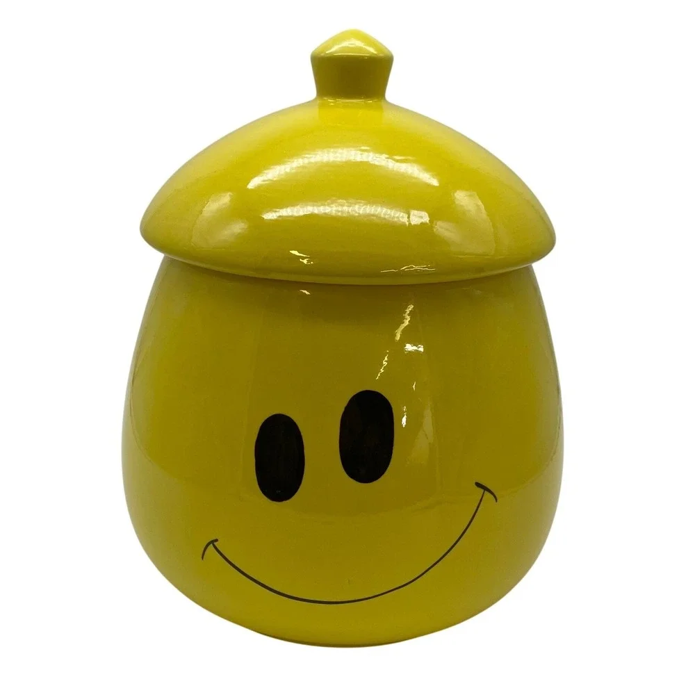 Vintage 70s Smiley Face Cookie Jar Yellow 11.5 Inch Glossy Ceramic Retro  (Read)